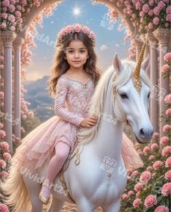 Детски портрет с розова рокля и венец, върху бял еднорог, изработен по снимка