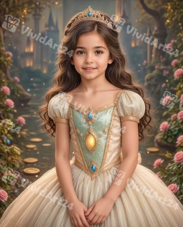 Детски портрет в стил приказна принцеса с кремава рокля и тиара, нарисуван по снимка