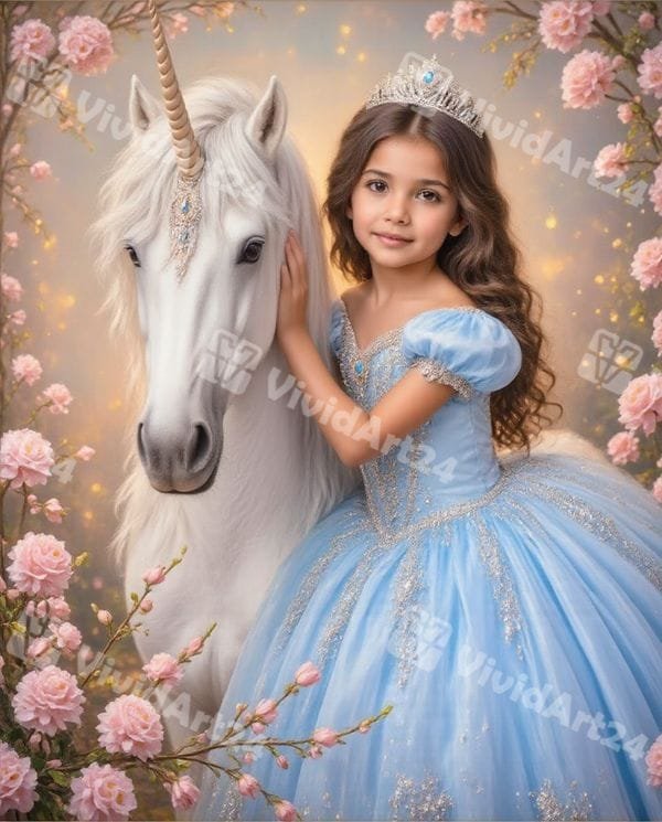 portret-detski-ednorog-sinya-roklya Детски портрет на момиченце с еднорог и синя бална рокля на приказен фон