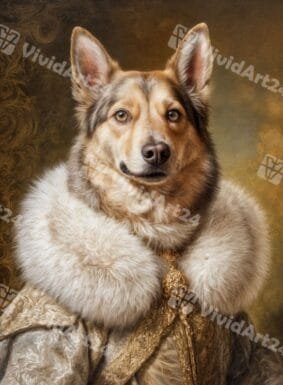 Кралски портрет на куче със златиста мантия и бяла яка 