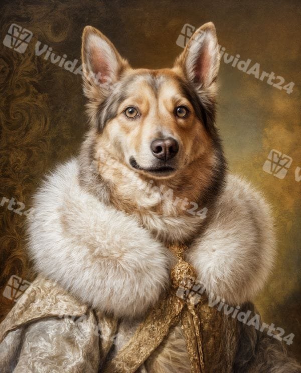 portret-kralski-zlatista-mantiya-yaka Кралски портрет на куче със златиста мантия и бяла яка