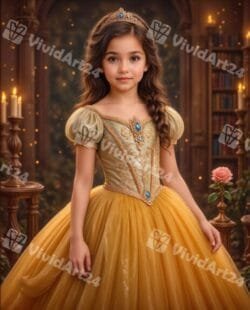 Детски портрет в стил принцеса Бел със златна рокля и тиара, нарисуван по снимка.