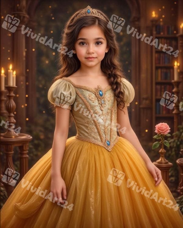 portret-detski-princessa-bel-zlatni-nyansi Детски портрет в стил принцеса Бел със златна рокля и тиара, нарисуван по снимка.