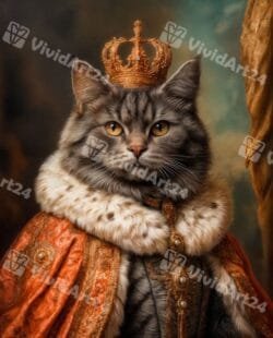 Кралски портрет на котка с червена мантия, хермелин и златна корона