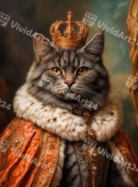 Кралски портрет на котка с червена мантия, хермелин и златна корона