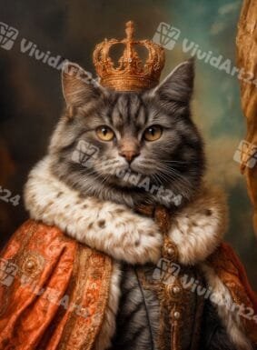 Кралски портрет на котка с червена мантия, хермелин и златна корона