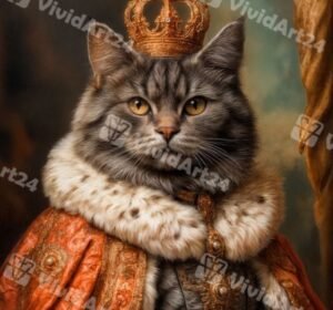 Кралски портрет на котка с червена мантия, хермелин и златна корона