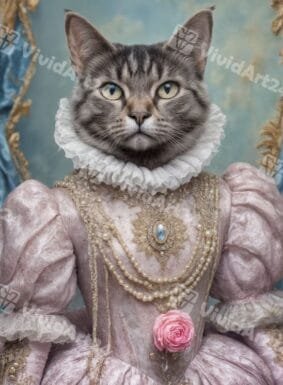 Портрет на котка с розова рокля, перли и цвете в стил рококо
