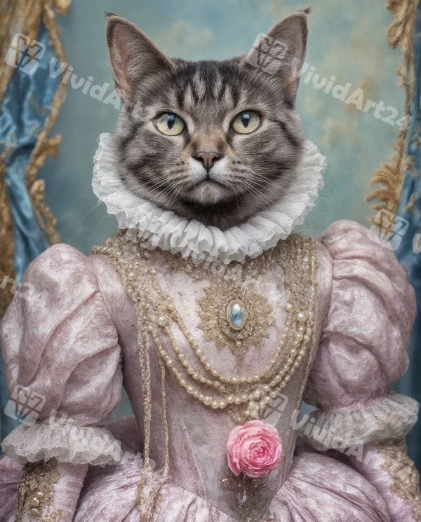 portret-kotka-rozova-roklya-perli-tsvete-rokoko Портрет на котка с розова рокля, перли и цвете в стил рококо