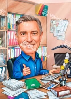 Карикатура на счетоводител в офис сред документи и лаптоп