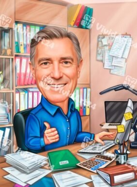 Карикатура на счетоводител в офис сред документи и лаптоп