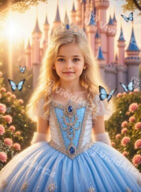 Детски портрет на момиче като Пепеляшка с пеперуди и замък