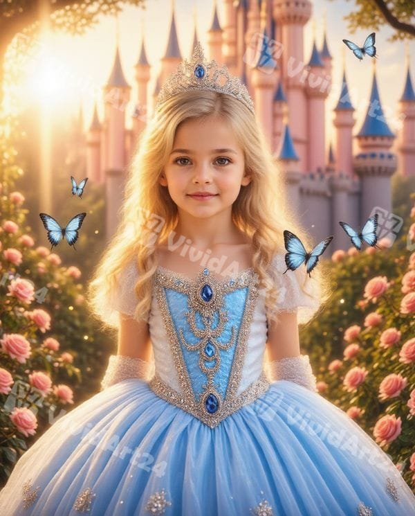 Детски портрет на момиче като Пепеляшка с пеперуди и замък