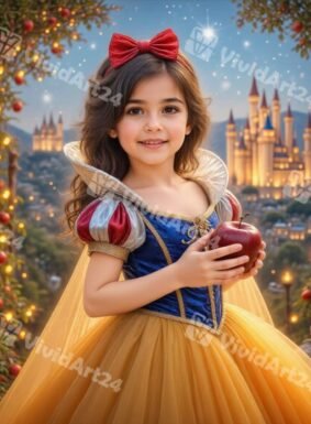 Детски портрет в стил Снежанка с червена ябълка и замък