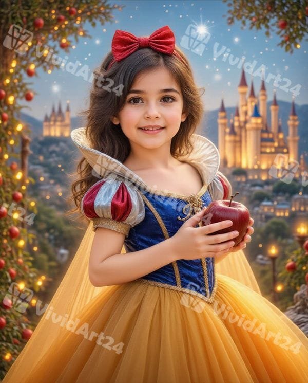 Детски портрет в стил Снежанка с червена ябълка и замък