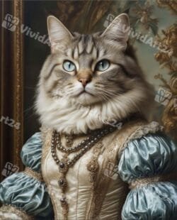 Портрет на котка в сребриста рокля с перлено колие на бароков фон