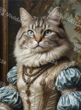 Портрет на котка в сребриста рокля с перлено колие на бароков фон