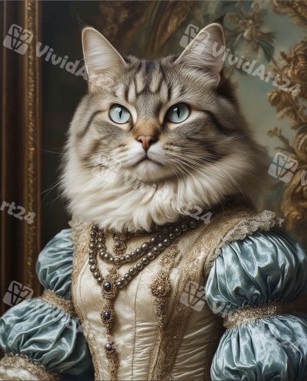 portret-kotka-srebista-roklya-perleno-kolie-barokov Портрет на котка в сребриста рокля с перлено колие на бароков фон