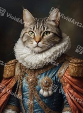 Портрет на котка с аристократичен син жакет, златна бродерия и оранжева наметка