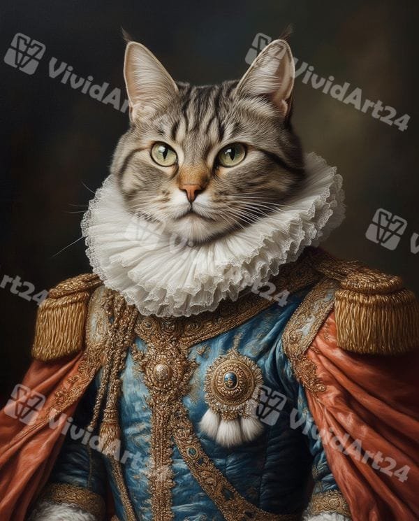 portret-kotka-aristokraticheski-sin-zhaket-brod Портрет на котка с аристократичен син жакет, златна бродерия и оранжева наметка