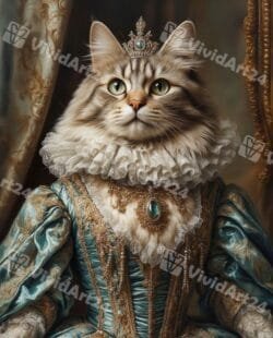 Портрет на котка с тюркоазена рокля, златна бродерия и скъпоценни камъни 