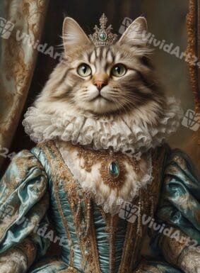 Портрет на котка с тюркоазена рокля, златна бродерия и скъпоценни камъни 