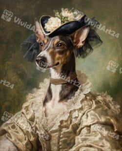 портрет на хрътка в бледожълта рокля, дантела и шапка с цветя и воал.