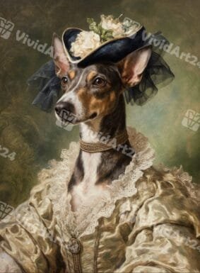 портрет на хрътка в бледожълта рокля, дантела и шапка с цветя и воал.