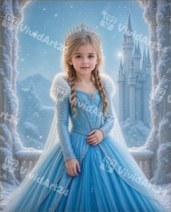 Портрет на дете в стил Елза със синя рокля и снежен фон