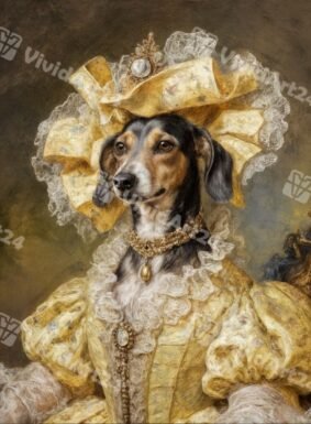 Персонализиран викториански портрет на куче с жълта рокля и шапка