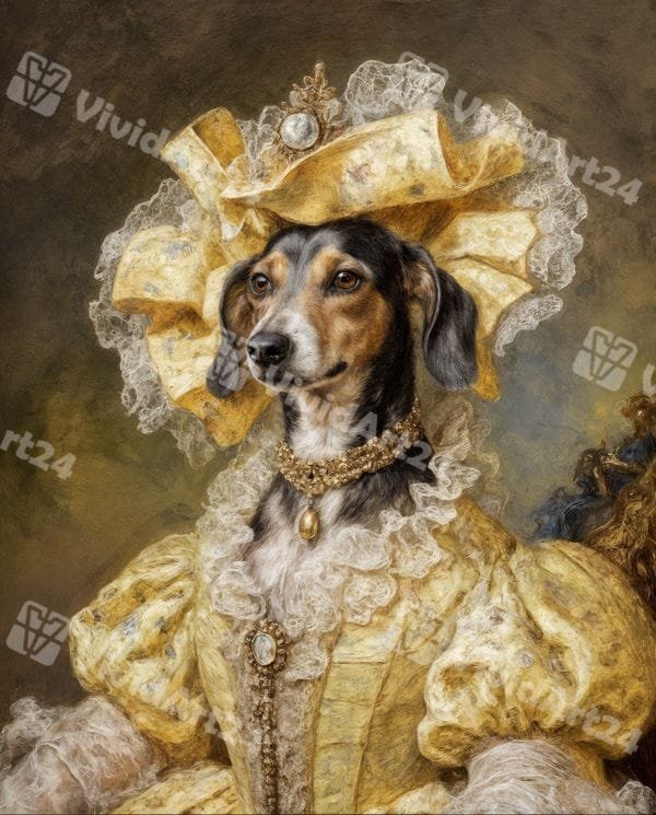 Персонализиран викториански портрет на куче с жълта рокля и шапка