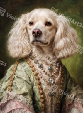 Кралски дамски портрет на куче в стил XIX век с рокля и бижута