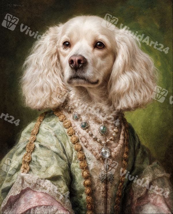 Кралски дамски портрет на куче в стил XIX век с рокля и бижута