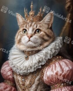 Портрет на котка със златна рокля и кралска корона в ренесансов стил