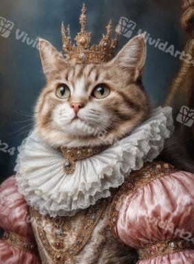 Портрет на котка със златна рокля и кралска корона в ренесансов стил