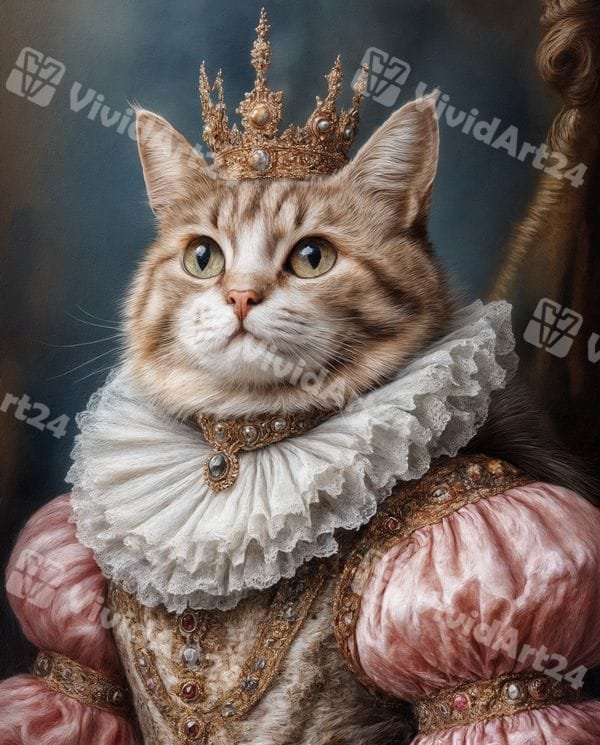 portret-kotka-zlatna-roklya-kral-korona-renesans Портрет на котка със златна рокля и кралска корона в ренесансов стил