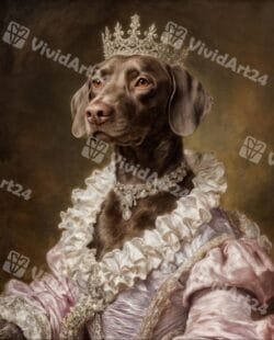 Портрет на куче с розова рокля и сребриста корона на златист фон