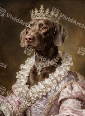 Портрет на куче с розова рокля и сребриста корона на златист фон