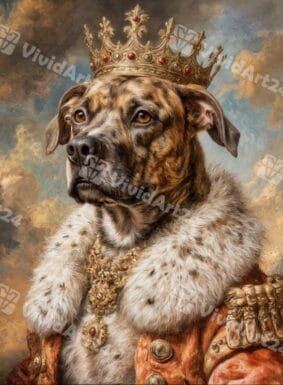 портрет на куче с кралска корона и хермелинова мантия