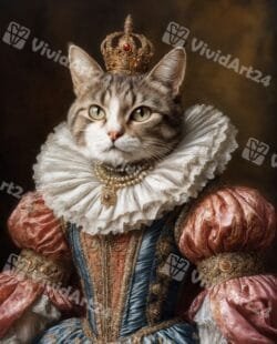 Портрет на котка с корона и барокова рокля с яка и перли