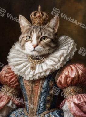 Портрет на котка с корона и барокова рокля с яка и перли