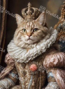 Портрет на котка с корона и винтидж рокля с роза и перли