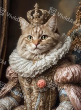 Портрет на котка с корона и винтидж рокля с роза и перли