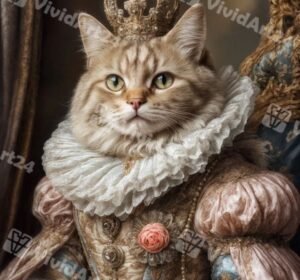 Портрет на котка с корона и винтидж рокля с роза и перли