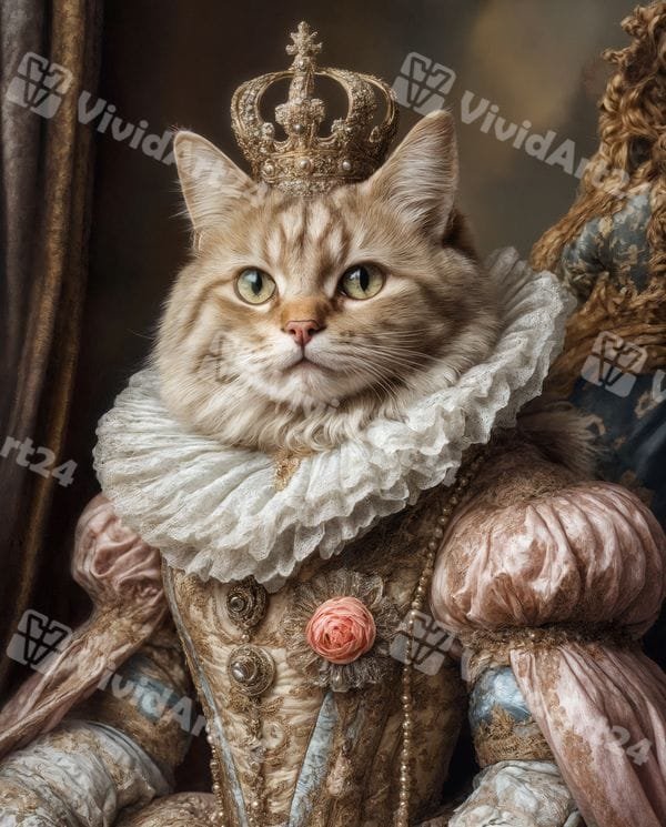 Портрет на котка с корона и винтидж рокля с роза и перли