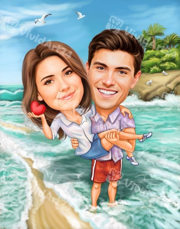 karikatura-za-vlubena-dvoika-sred-vylnite Карикатура за влюбена двойка сред вълните