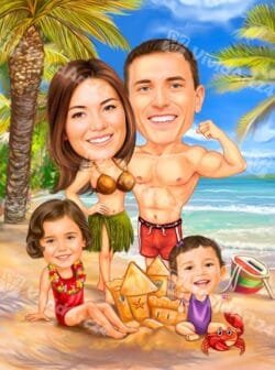 Плажна карикатура на семейство с деца