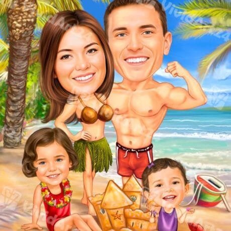 Плажна карикатура на семейство с деца