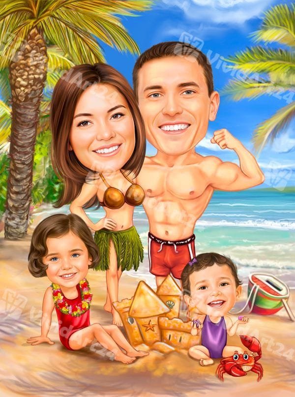 plajna-karikatura-na-semeistvo-s-deca Плажна карикатура на семейство с деца