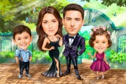 Семейна карикатура с официлни дрехи 